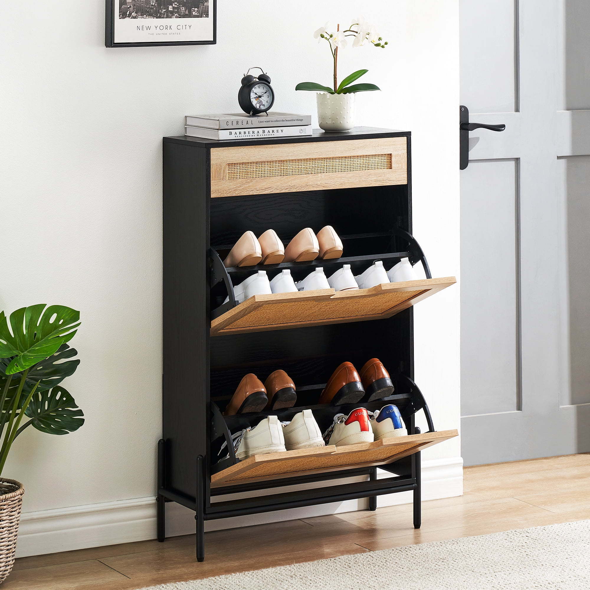 Rattan Entryway Shoe Cabinet Shoe Storage Organizer with Hidden Drawers and Open Shelves Shoe Rack Storage Cabinet for Entryway