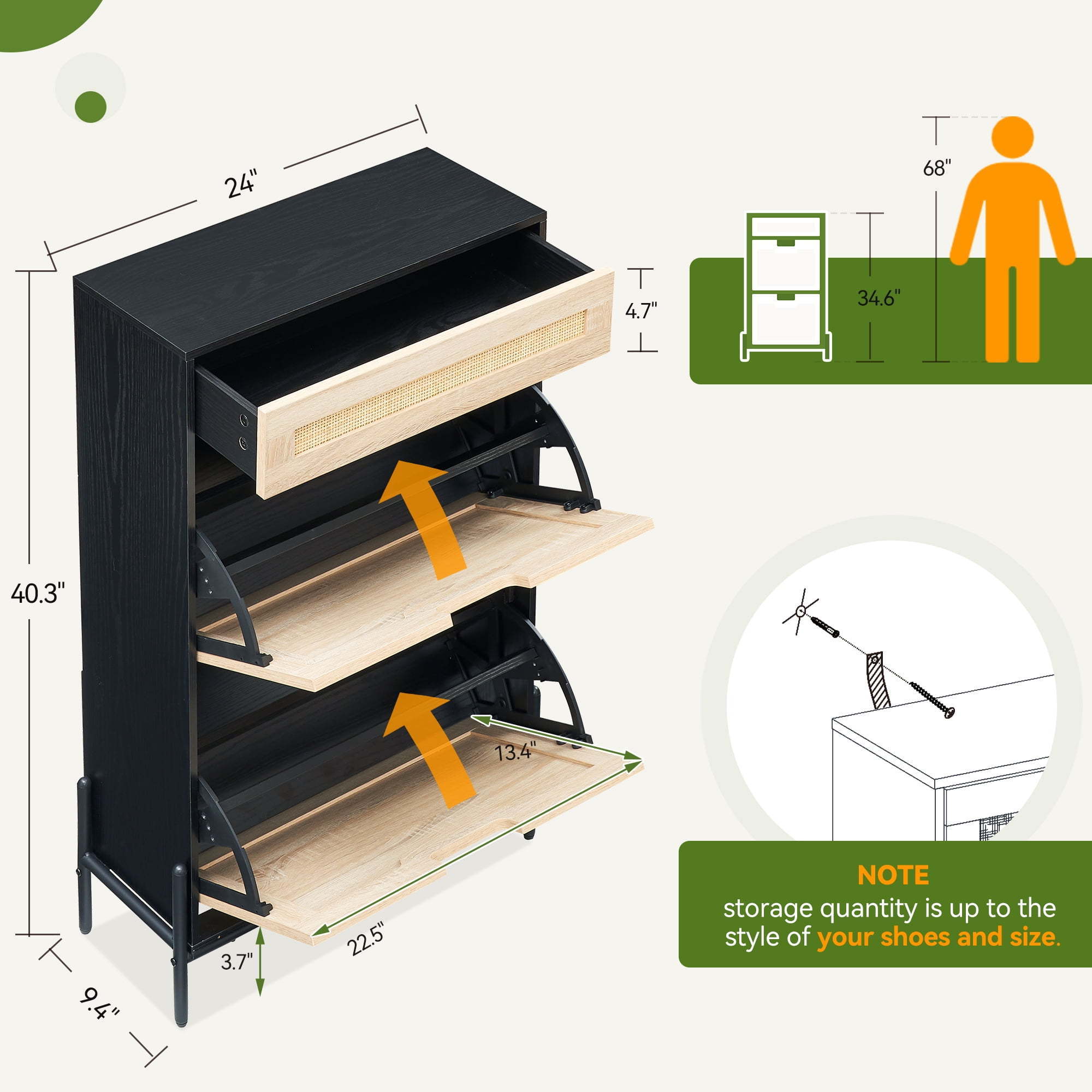 Rattan Entryway Shoe Cabinet Shoe Storage Organizer with Hidden Drawers and Open Shelves Shoe Rack Storage Cabinet for Entryway