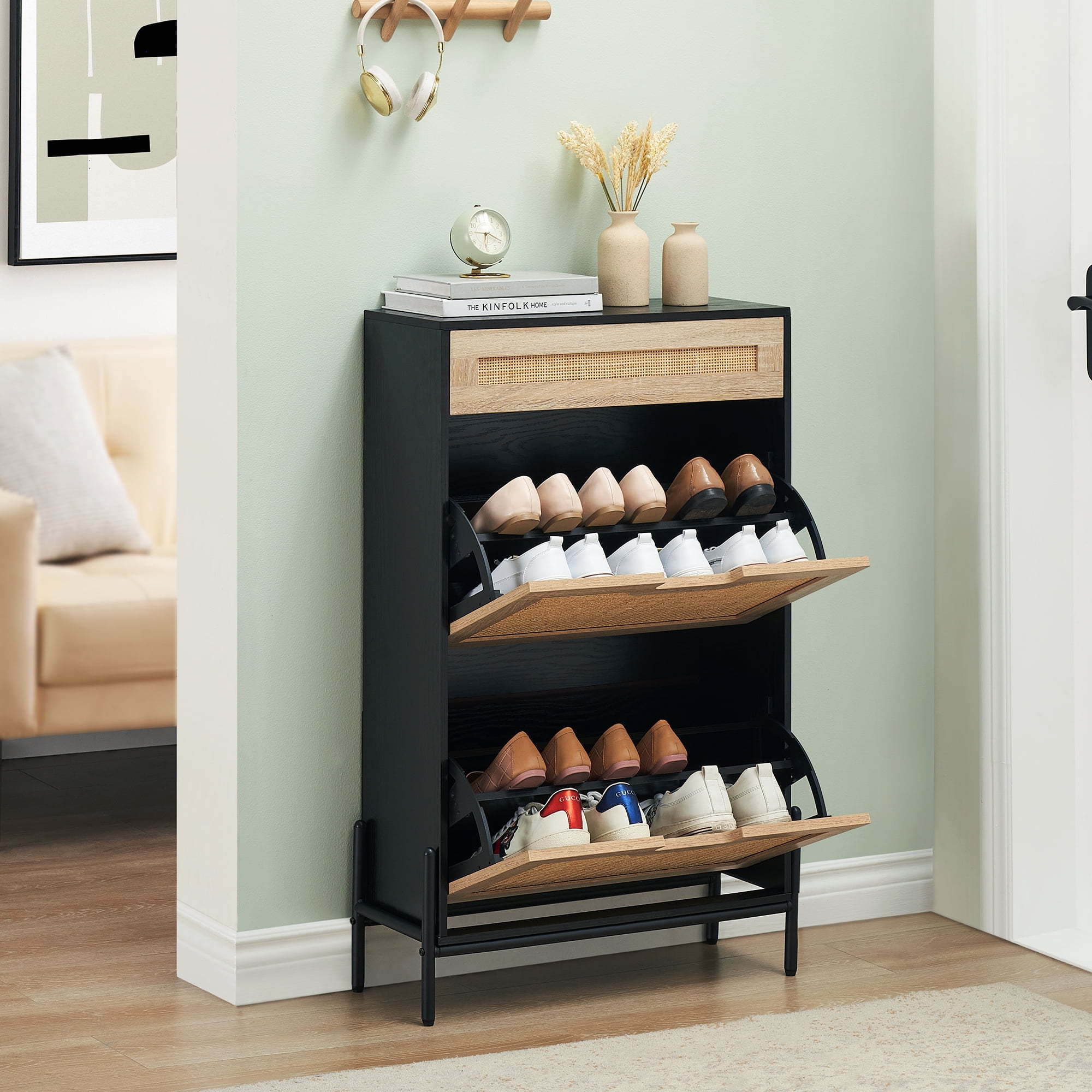 Rattan Entryway Shoe Cabinet Shoe Storage Organizer with Hidden Drawers and Open Shelves Shoe Rack Storage Cabinet for Entryway