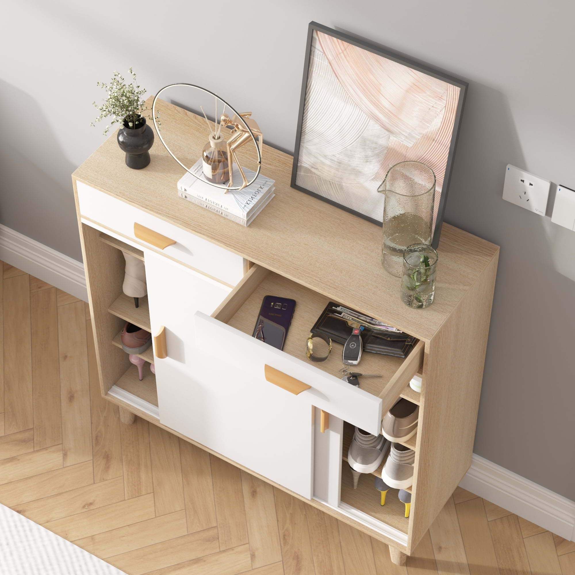 Shoe Cabinet with Drawers and Sliding Doors 5-Tier Floor Rack for Entryway White Modern