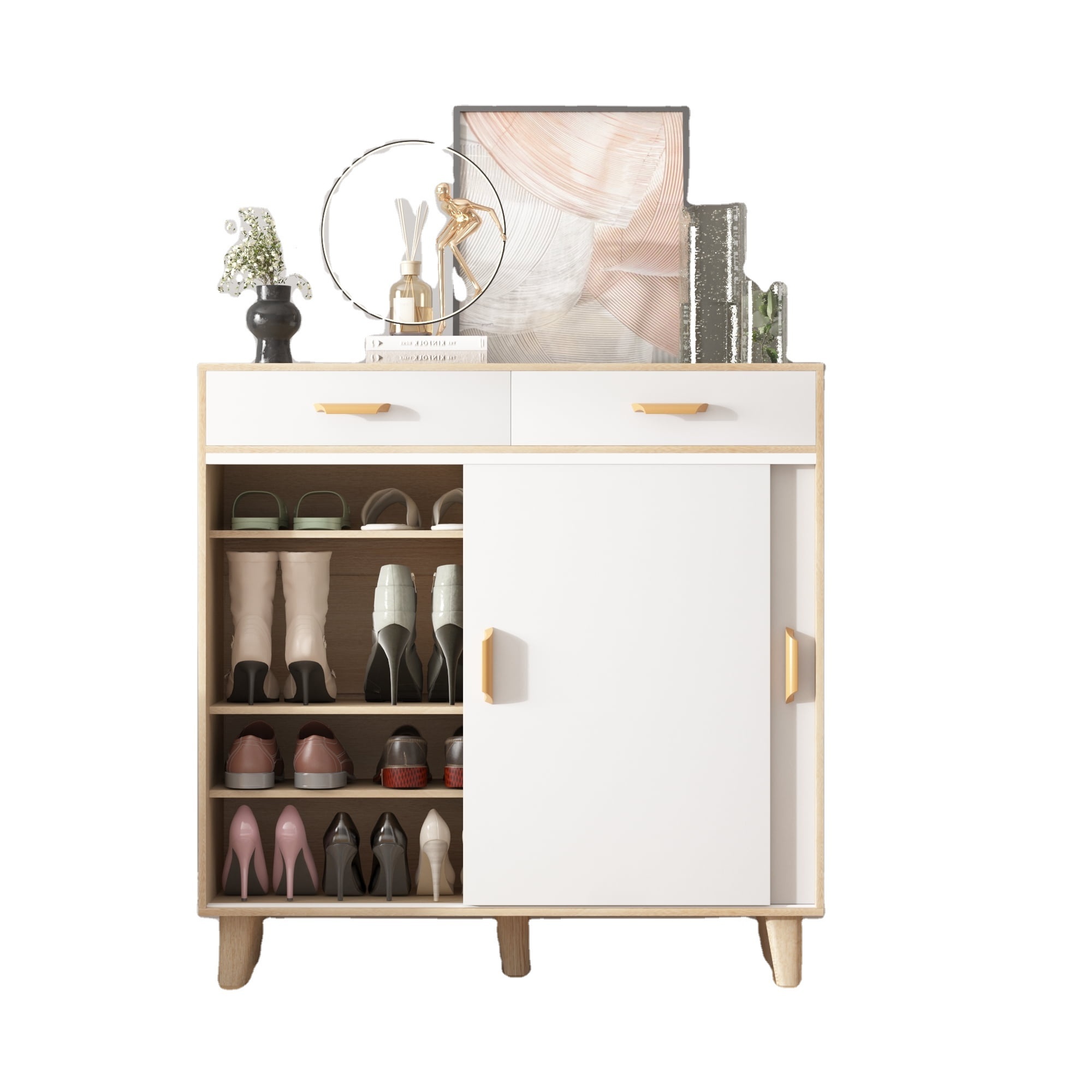 Shoe Cabinet with Drawers and Sliding Doors 5-Tier Floor Rack for Entryway White Modern