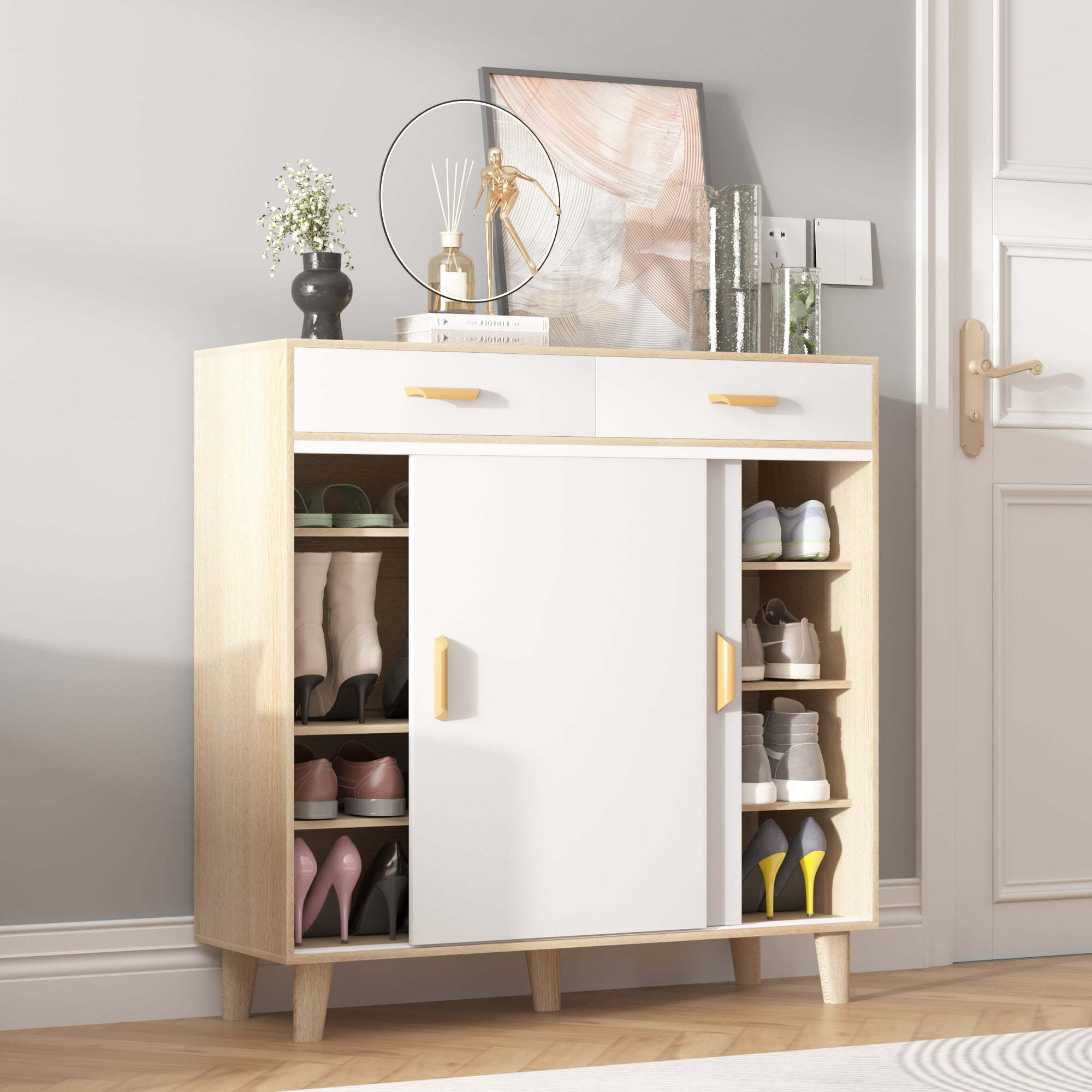 Shoe Cabinet with Drawers and Sliding Doors 5-Tier Floor Rack for Entryway White Modern