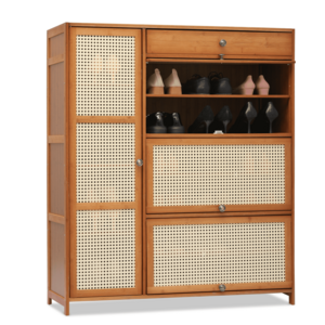 Bamboo 28 Pairs Shoe Cabinet 6-Layers Entryway Shoe Storage Cabinet with Rattan Doors and Boots Compartments