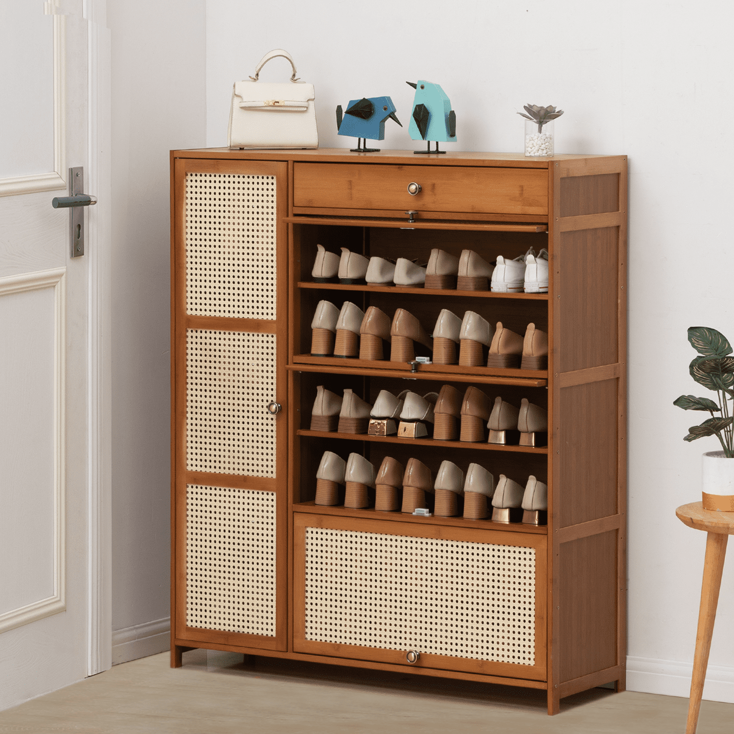 Bamboo 28 Pairs Shoe Cabinet 6-Layers Entryway Shoe Storage Cabinet with Rattan Doors and Boots Compartments