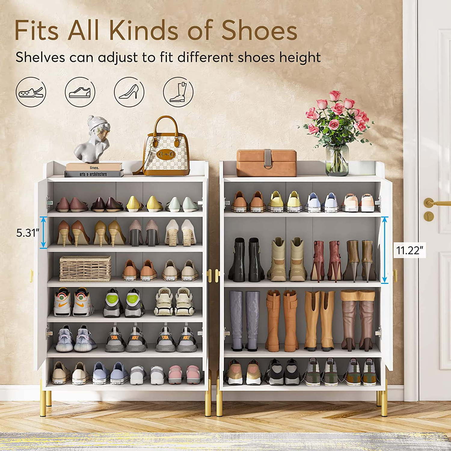 Shoe Cabinet Slim 6-Tier Shoe Organizer Cabinet Freestanding Wood Shoe Rack with Doors for Entryway White