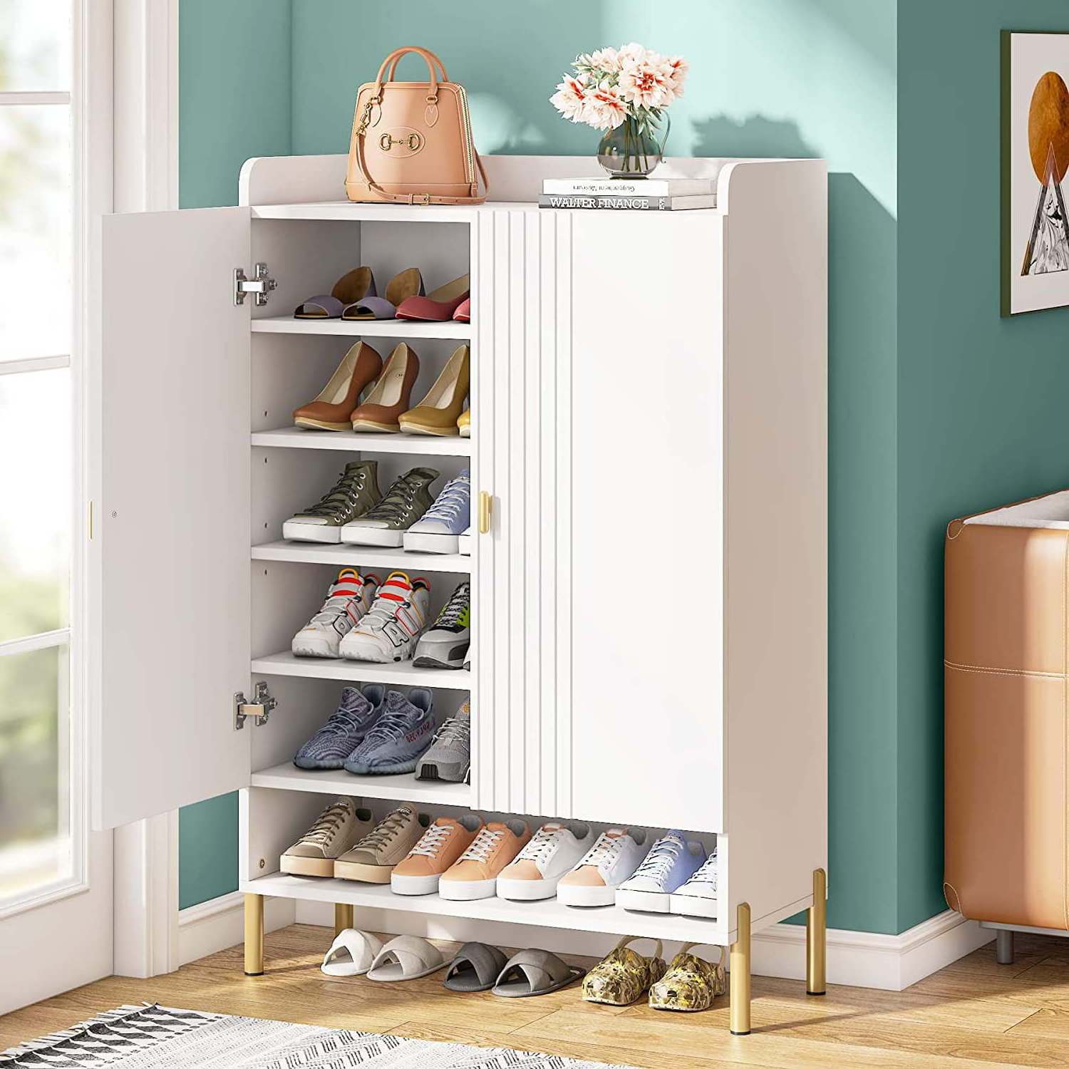 Shoe Cabinet Slim 6-Tier Shoe Organizer Cabinet Freestanding Wood Shoe Rack with Doors for Entryway White