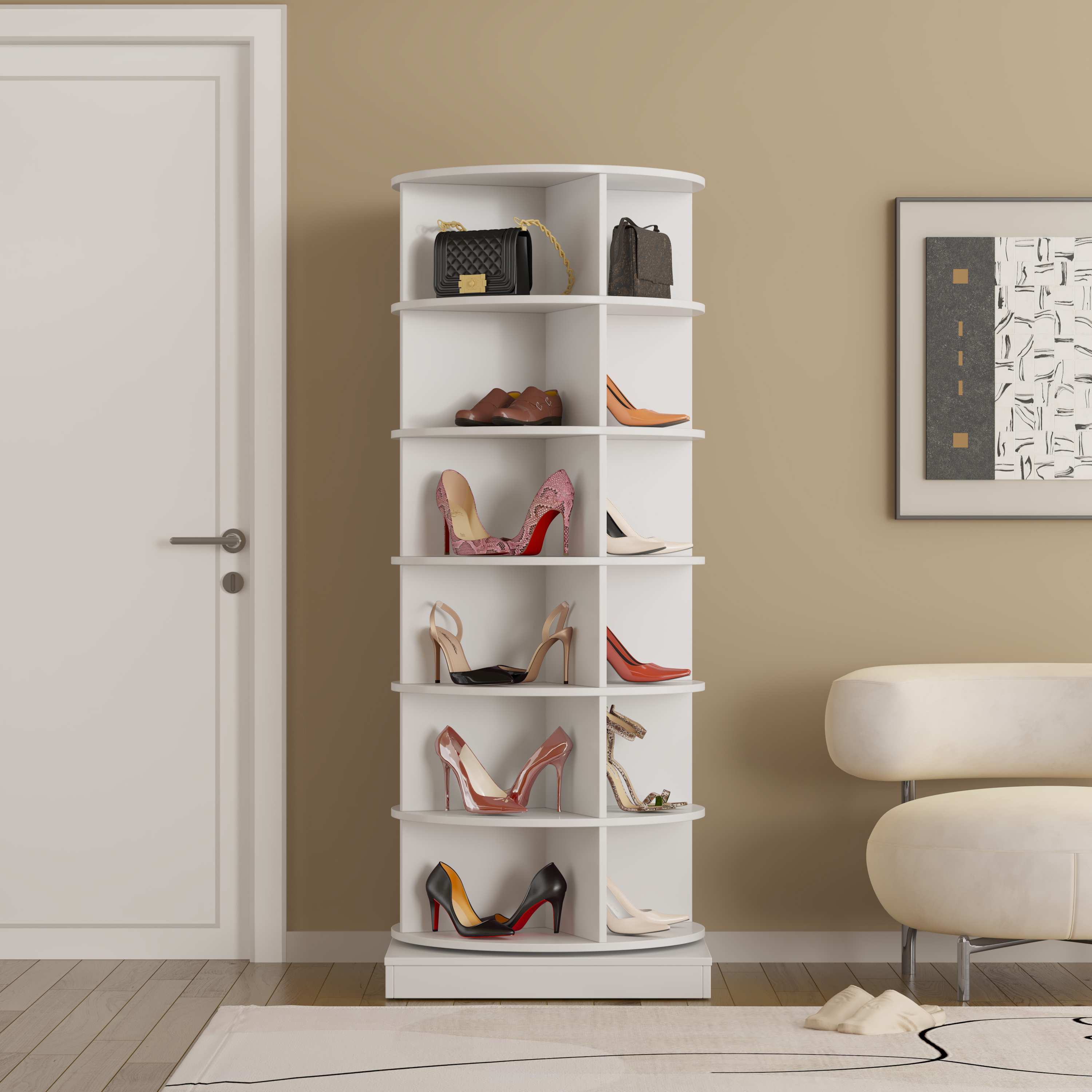 Hot selling living room furniture, 6-layer circular 360 degree white rotating shoe cabinet