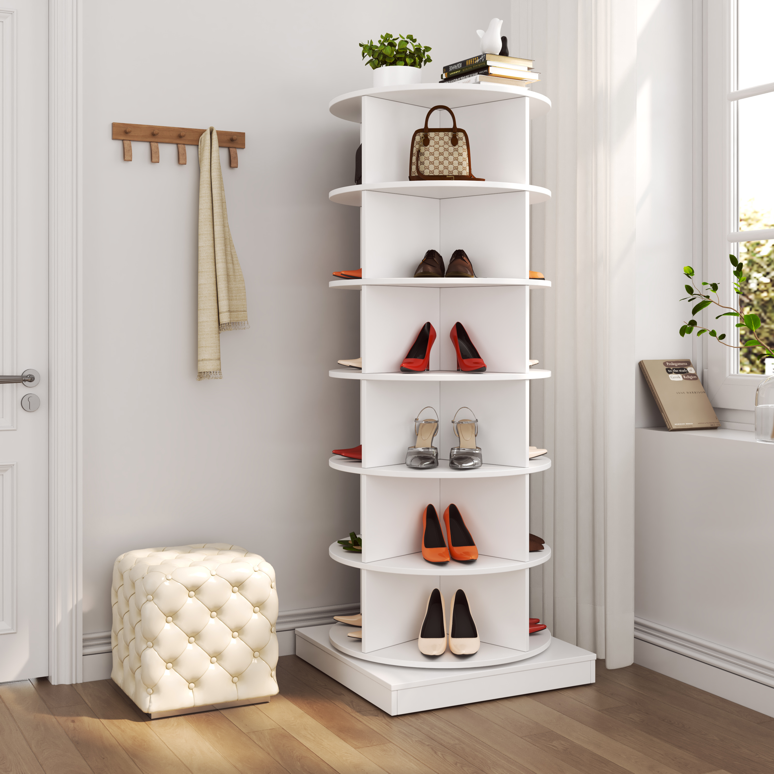 Hot selling living room furniture, 6-layer circular 360 degree white rotating shoe cabinet