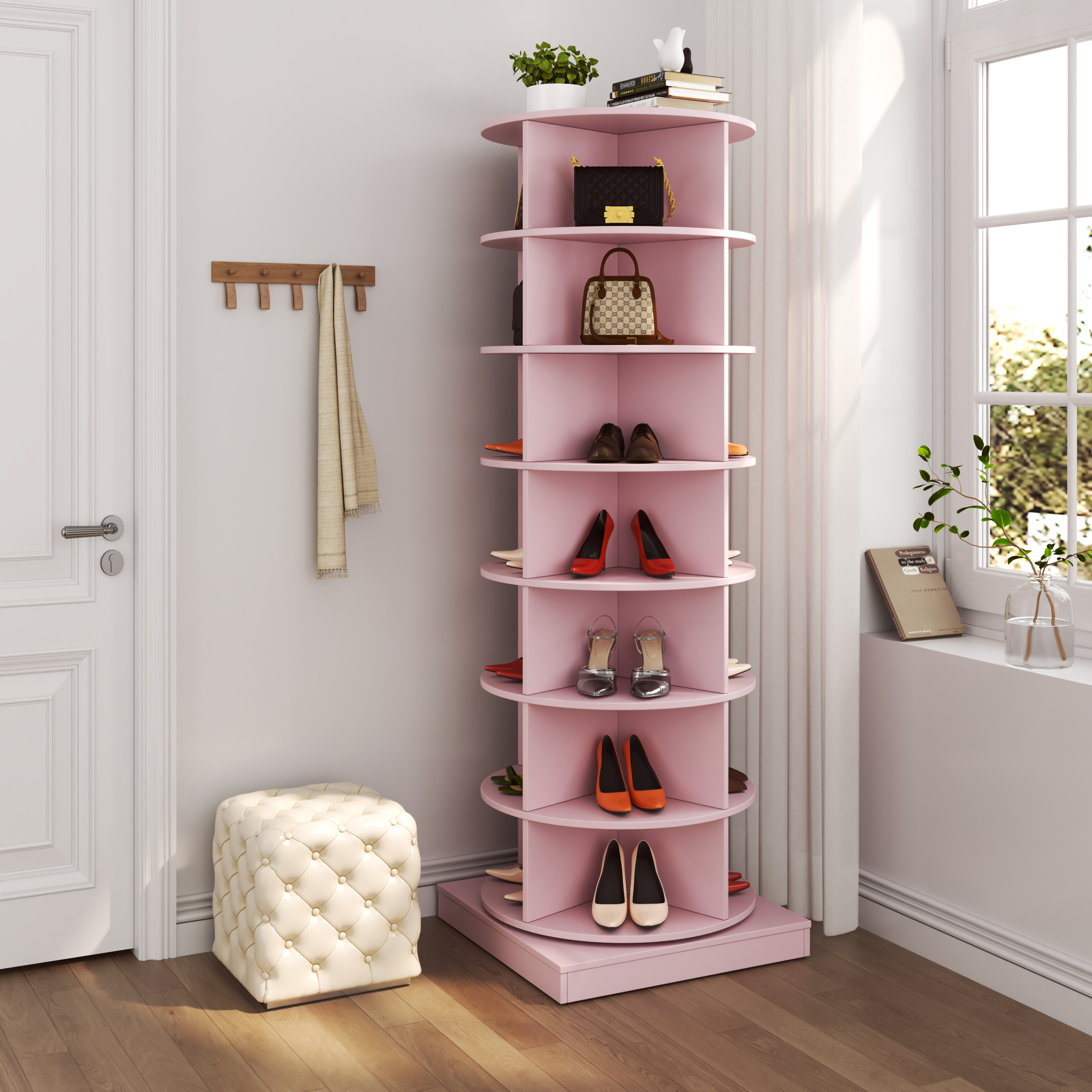 Hot selling living room furniture, 7-layer circular 360 degree Pink rotating shoe cabinet