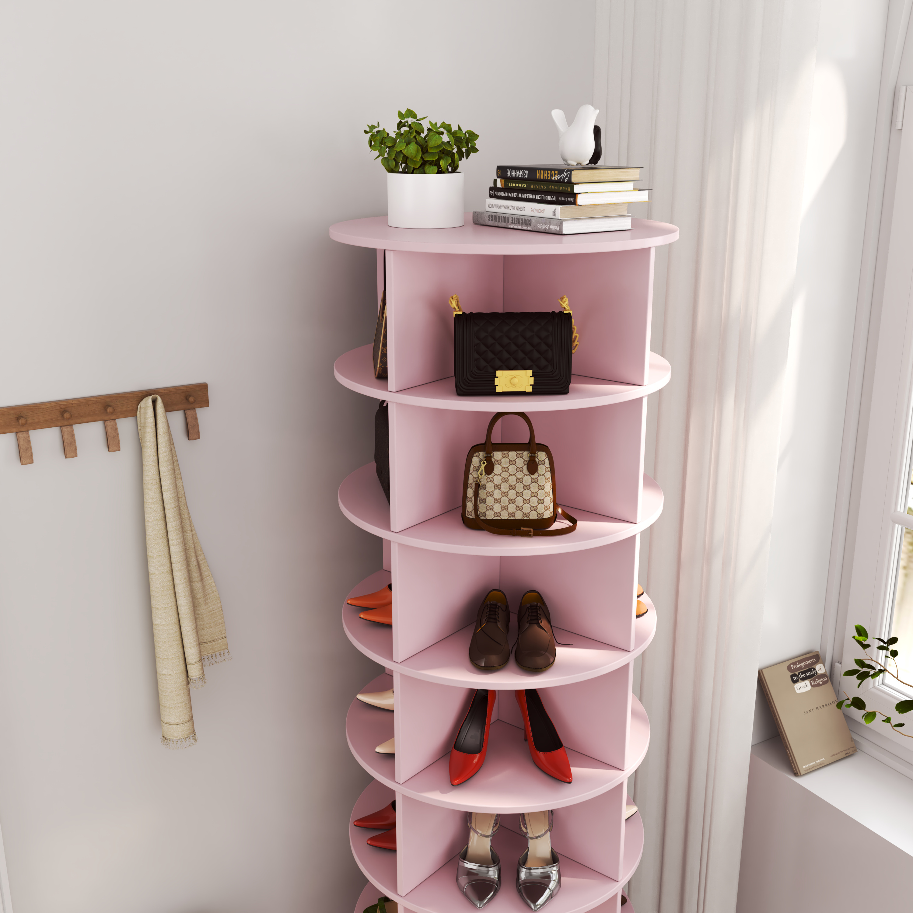 Hot selling living room furniture, 7-layer circular 360 degree Pink rotating shoe cabinet