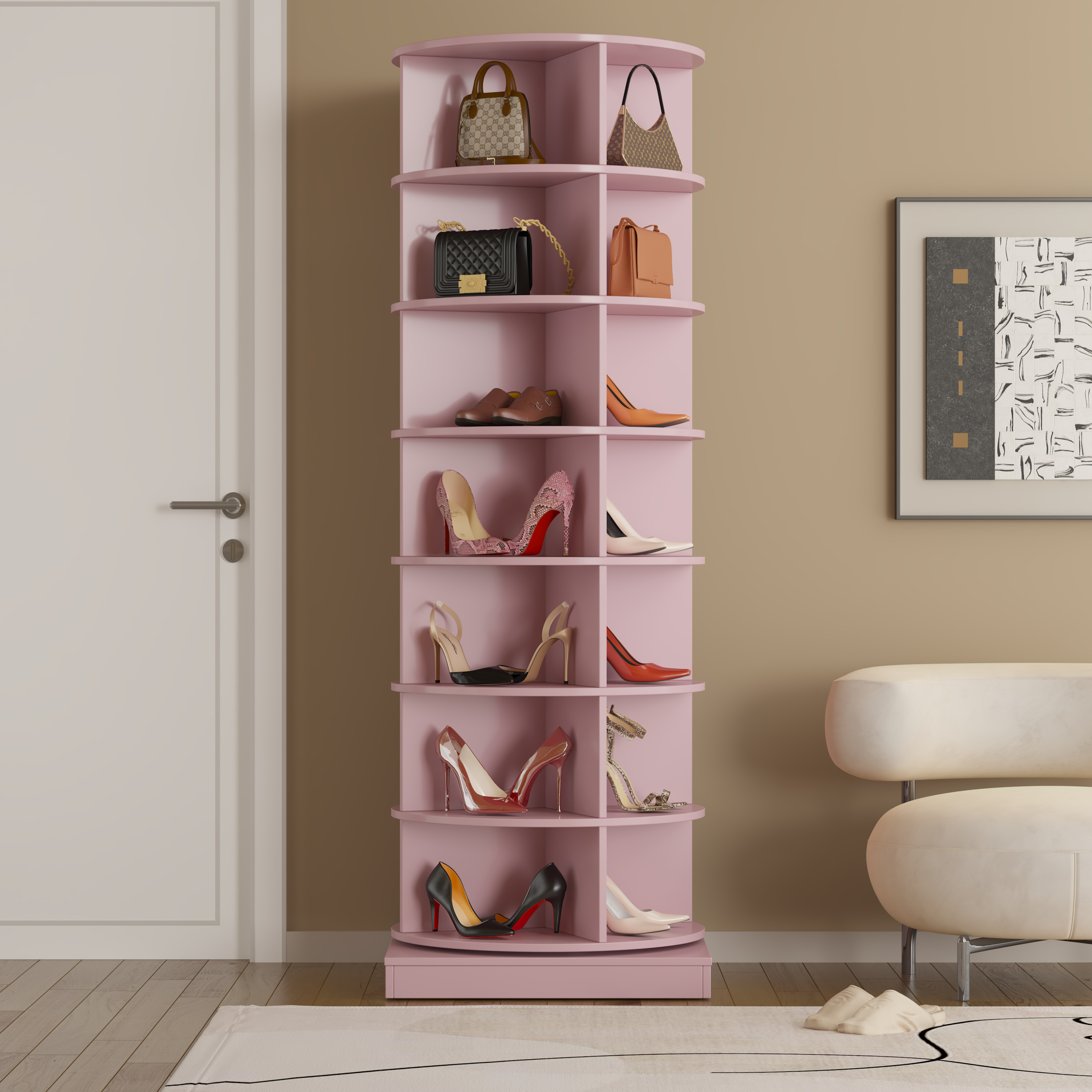 Hot selling living room furniture, 7-layer circular 360 degree Pink rotating shoe cabinet