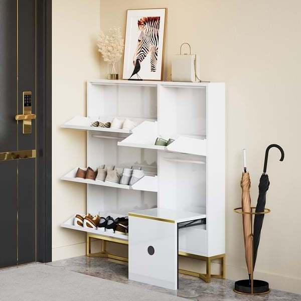 Living Room Furniture Flip-Over Shoe Rack Cabinet White Narrow Standing Shoe Storage Cabinet with Foldable Bench 14-Pair Shoe