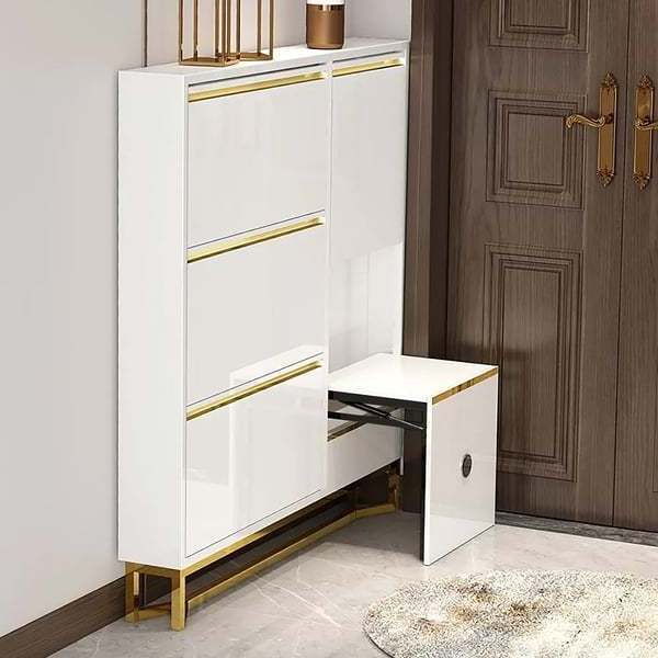 Living Room Furniture Flip-Over Shoe Rack Cabinet White Narrow Standing Shoe Storage Cabinet with Foldable Bench 14-Pair Shoe