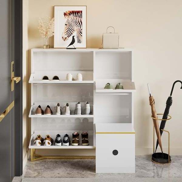 Living Room Furniture Flip-Over Shoe Rack Cabinet White Narrow Standing Shoe Storage Cabinet with Foldable Bench 14-Pair Shoe