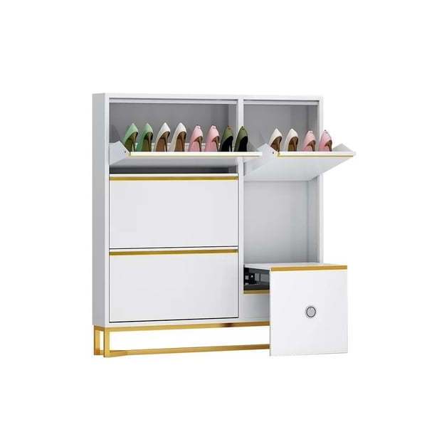 Living Room Furniture Flip-Over Shoe Rack Cabinet White Narrow Standing Shoe Storage Cabinet with Foldable Bench 14-Pair Shoe