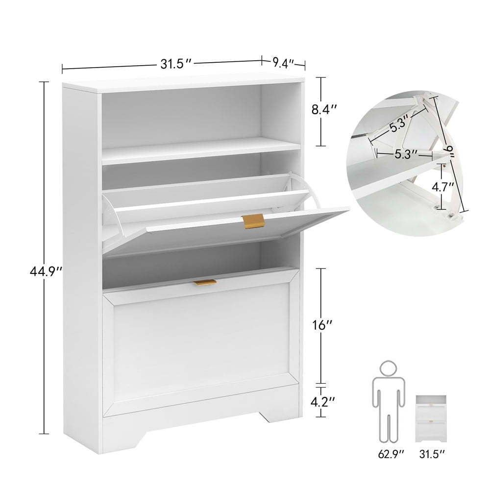 Shoe Cabinet For Entryway, Slim Shoe Storage Cabinet With 2 Flip Drawers And Open Shelf, 3-Tier Wooden Shoe Rack Cabinet