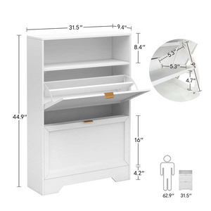 Shoe Cabinet For Entryway, Slim Shoe Storage Cabinet With 2 Flip Drawers And Open Shelf, 3-Tier Wooden Shoe Rack Cabinet