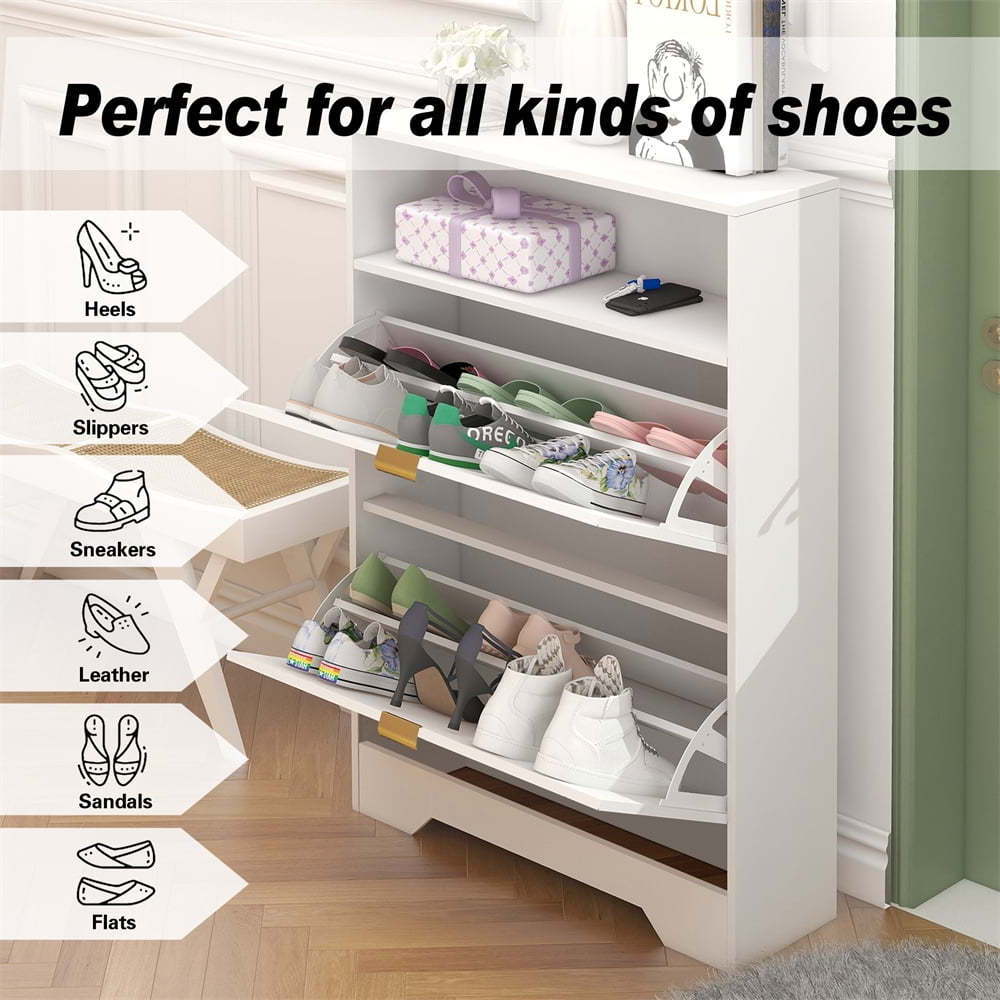 Shoe Cabinet For Entryway, Slim Shoe Storage Cabinet With 2 Flip Drawers And Open Shelf, 3-Tier Wooden Shoe Rack Cabinet