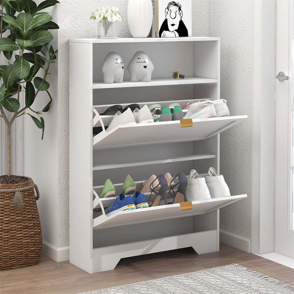 Shoe Cabinet For Entryway, Slim Shoe Storage Cabinet With 2 Flip Drawers And Open Shelf, 3-Tier Wooden Shoe Rack Cabinet