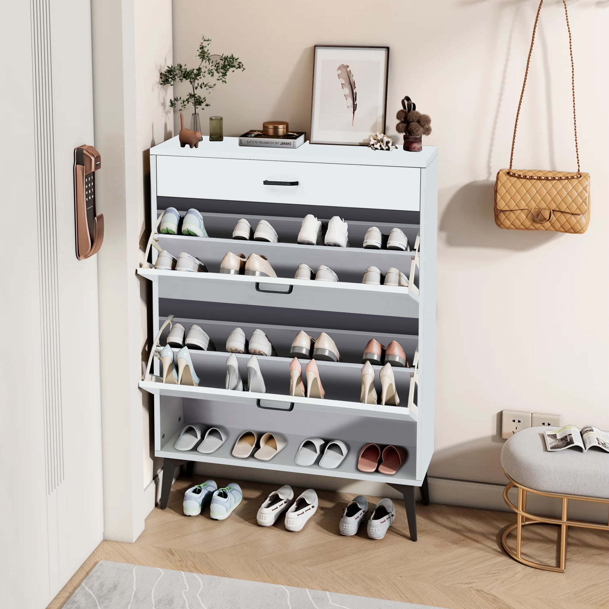 Shoe Cabinet, Entryway Narrow Shoe Storage with Storage Shelf & Top Cubby,Modern Slim Hidden Shoe Cabinet With Doors