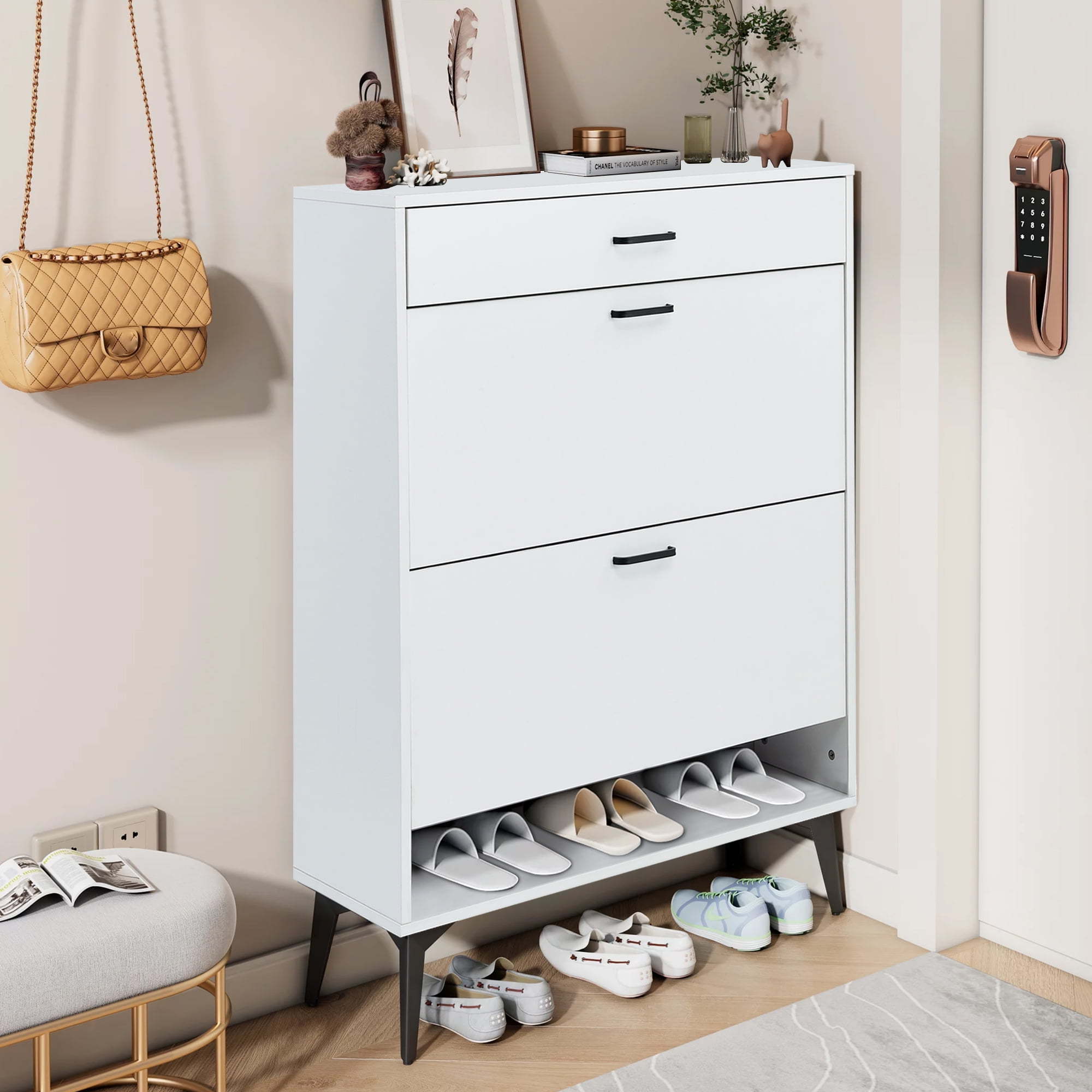 Shoe Cabinet, Entryway Narrow Shoe Storage with Storage Shelf & Top Cubby,Modern Slim Hidden Shoe Cabinet With Doors