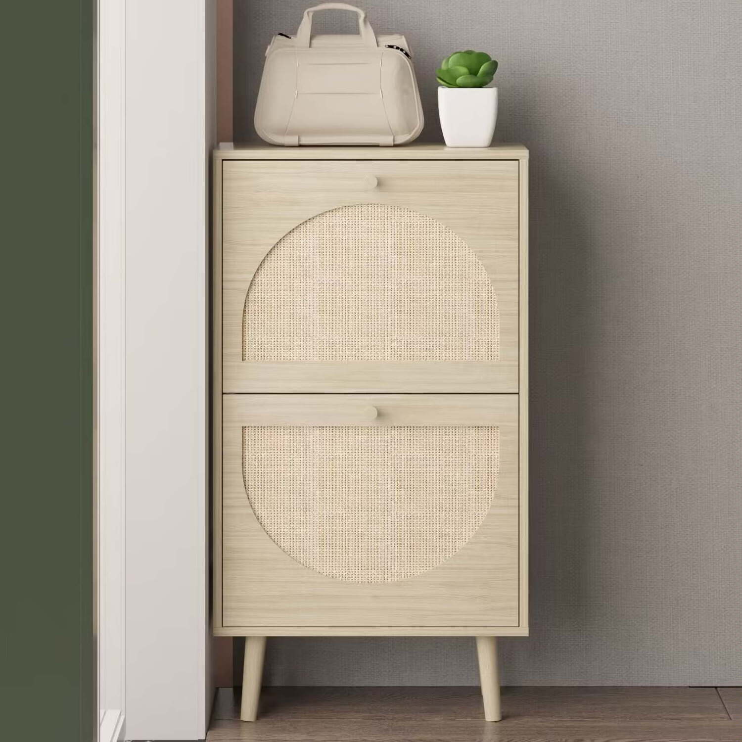 Shoe Storage Cabinet with 2 Flip Drawers, Natural Rattan Entryway Shoe Organizer Rack Wooden for Entryway Hallway, Living Room