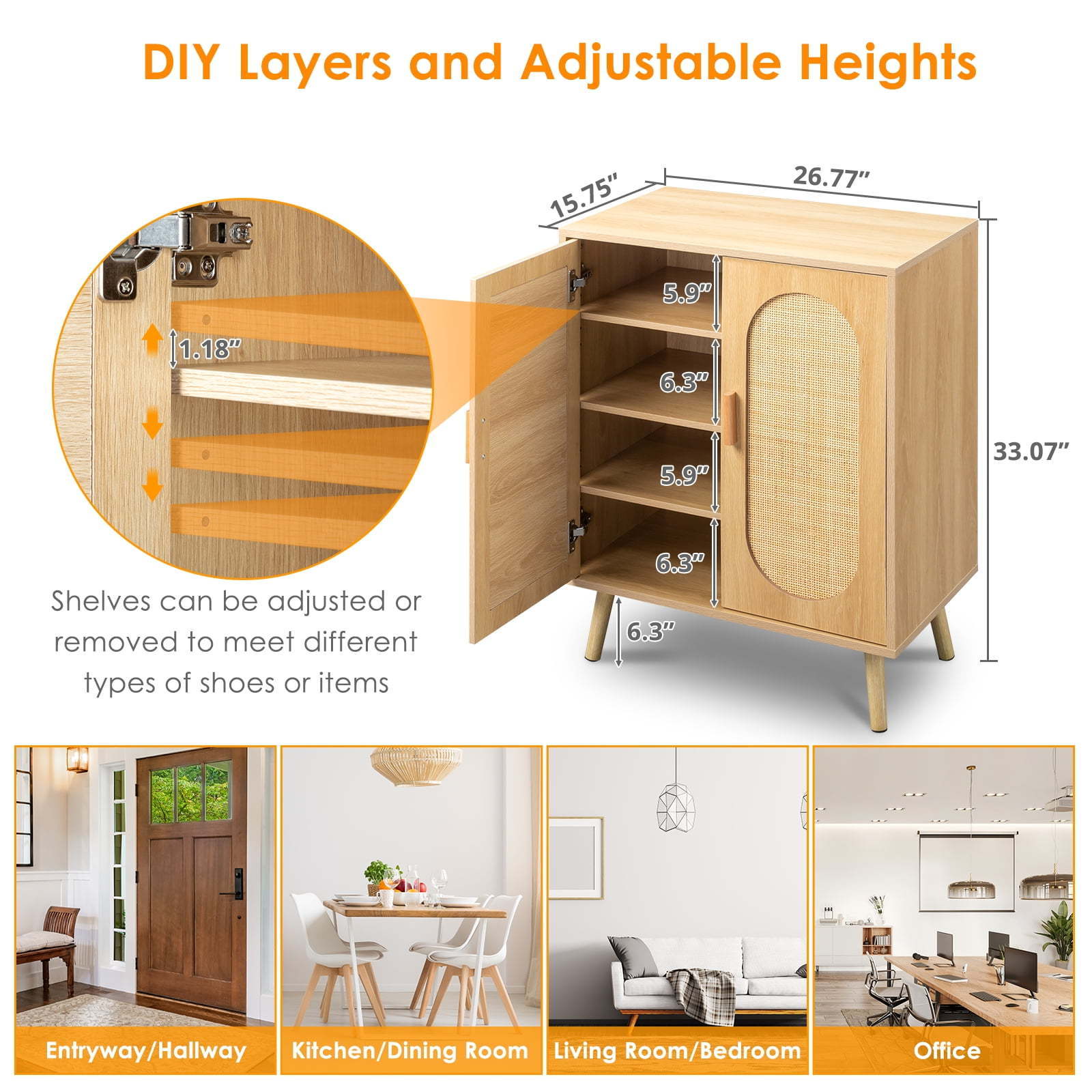 Shoe Storage Cabinet for Entryway, Natural Rattan Shoe Rack Storage Organizer, Console Table Cabinet with Adjustable Shelves