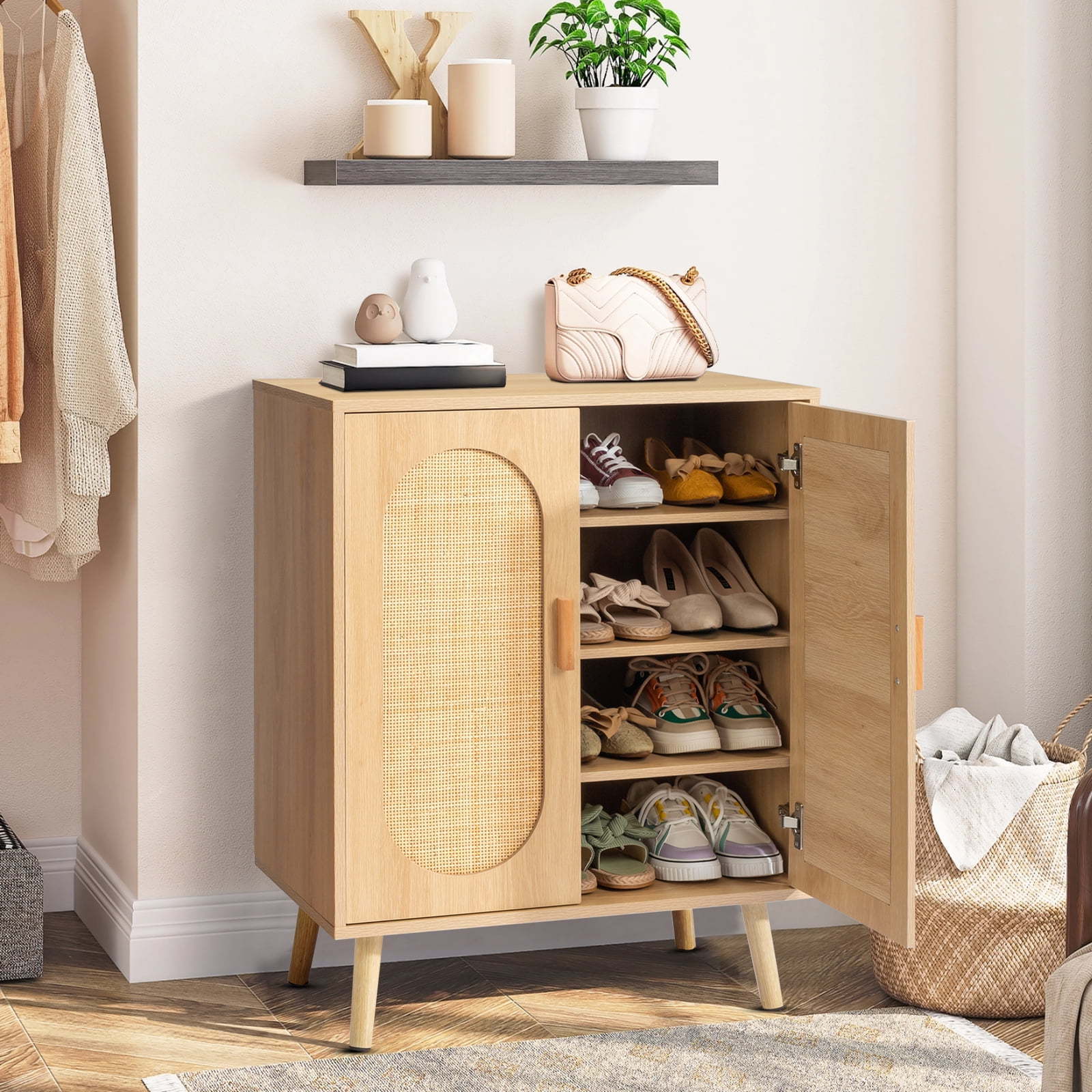 Shoe Storage Cabinet for Entryway, Natural Rattan Shoe Rack Storage Organizer, Console Table Cabinet with Adjustable Shelves