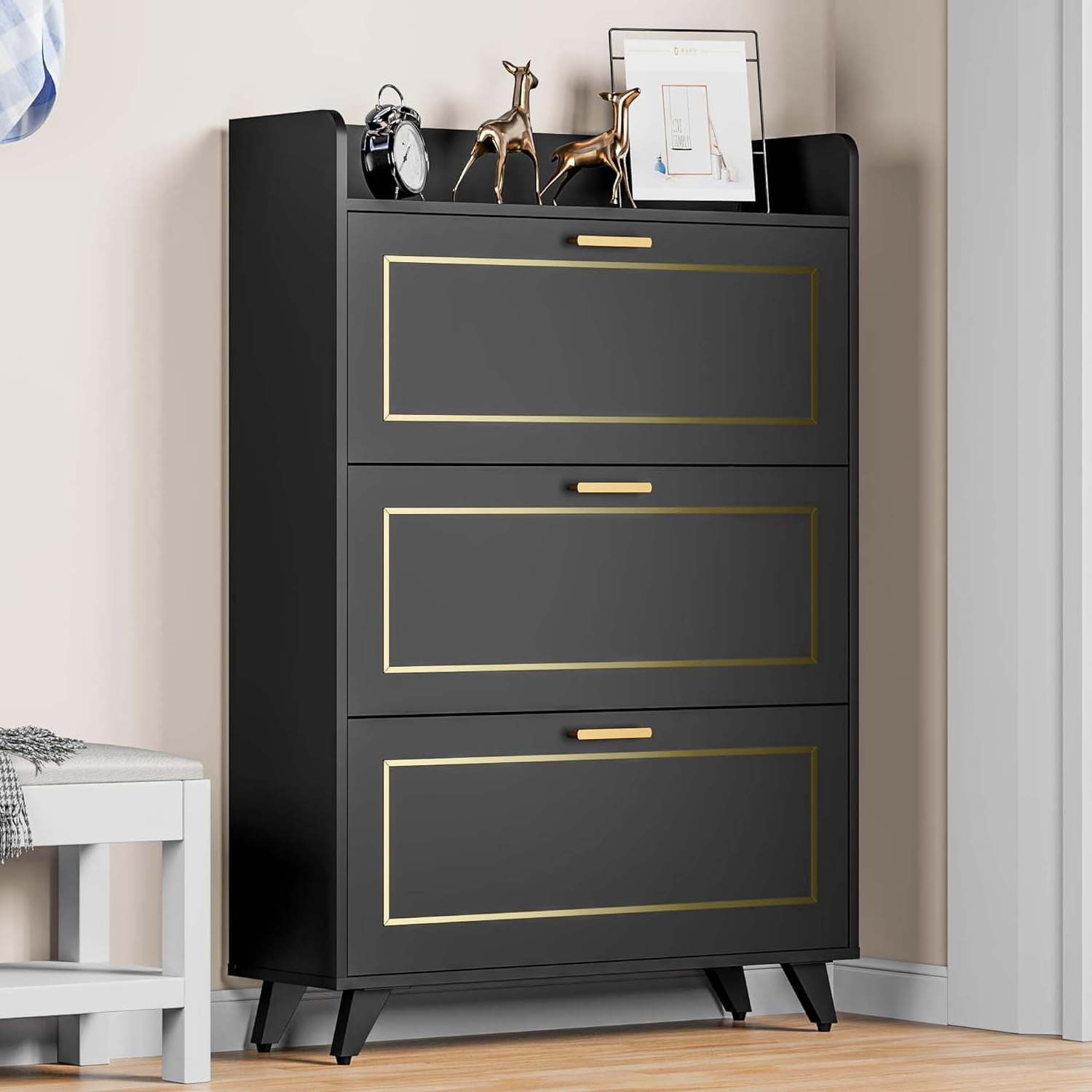 Shoe Storage Cabinet for Entryway, Narrow Hidden Shoe Organizer Cabinet with 3 Flip Drawers and Adjustable Shelves