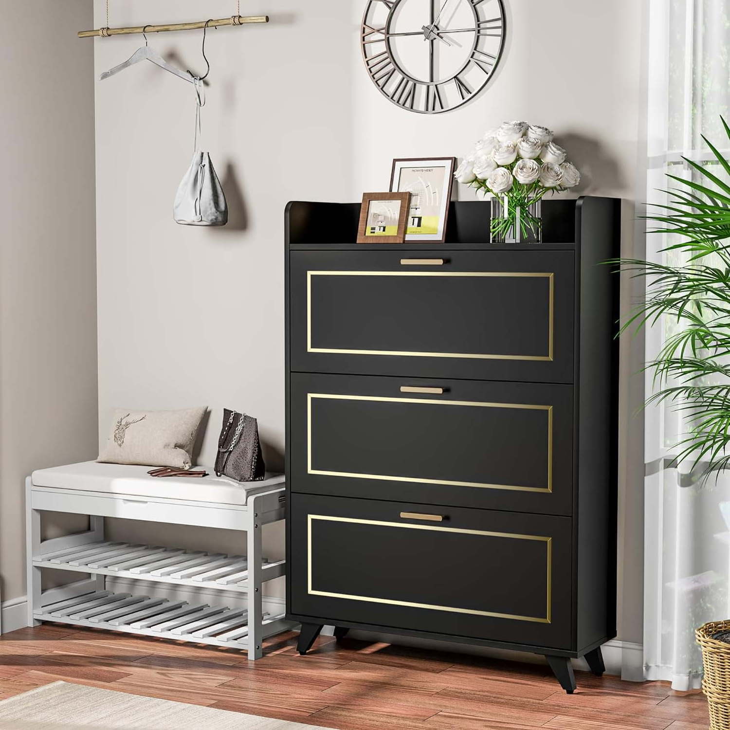 Shoe Storage Cabinet for Entryway, Narrow Hidden Shoe Organizer Cabinet with 3 Flip Drawers and Adjustable Shelves