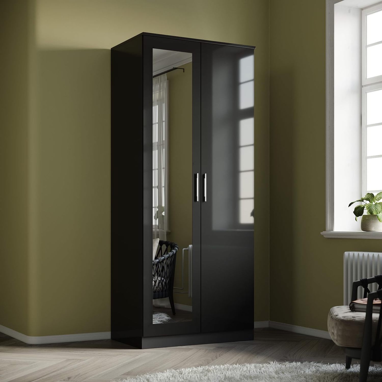 On Sale  Walldrope Wardrobe Bedroom Closet,Elegant 2-door wardrobe/cabinet with mirrored black wooden wardrobe clothing