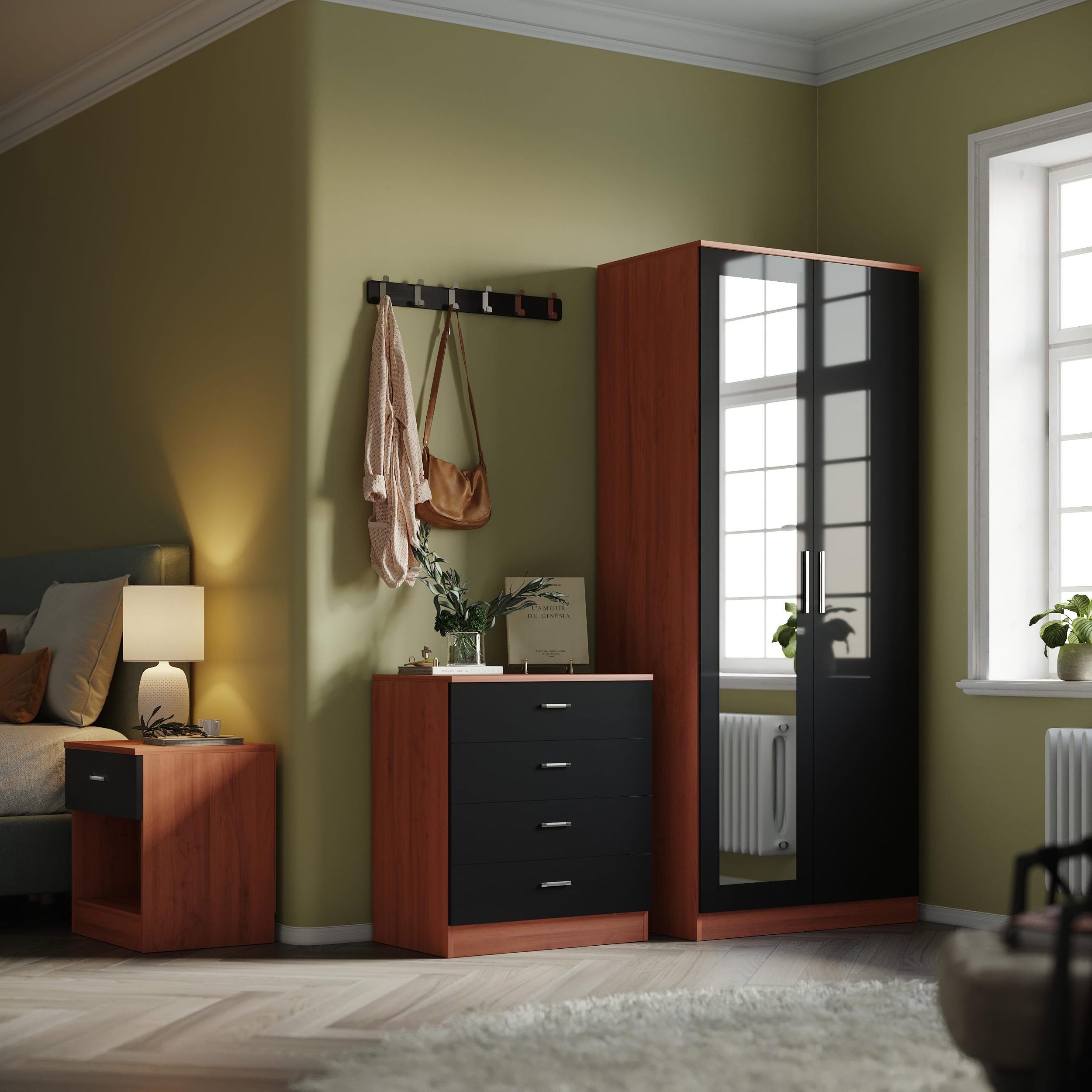 On Sale  Walldrope Wardrobe Bedroom Closet,Elegant 2-door wardrobe/cabinet with mirrored black wooden wardrobe clothing