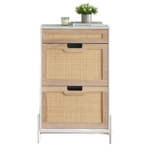 Natural Rattan 2 Flip Door and 1 Drawer, Freestanding Wooden Shoe Rack Storage Cabinet for Entryway Hallway Bedroom Dorm