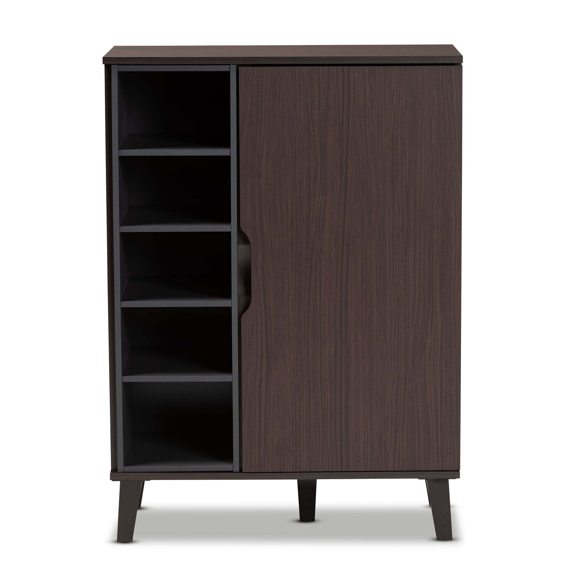 Mid-Century Modern Two-Tone Dark Brown and Grey Finished Wood 1-Door Shoe Cabinet