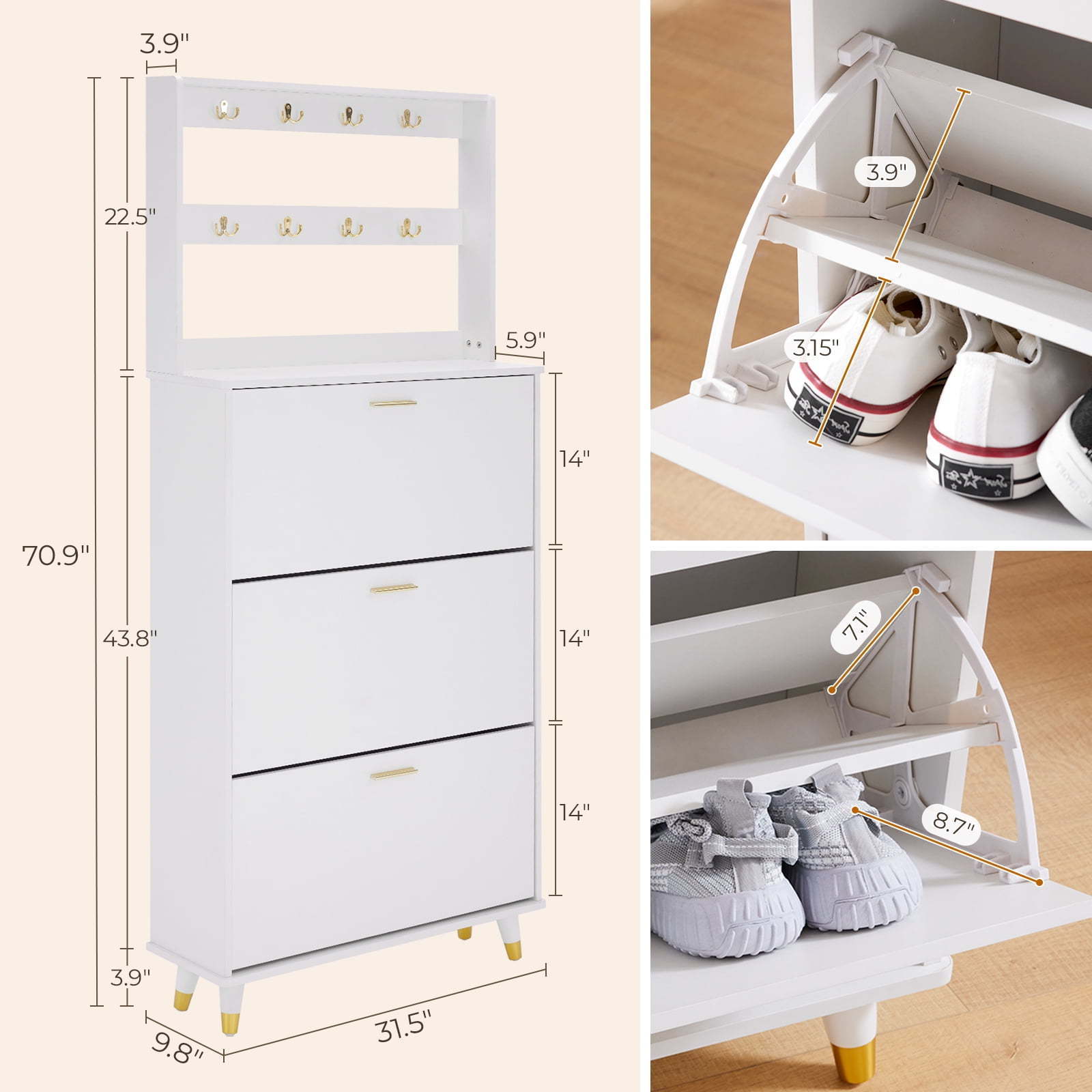 3 Tier Shoe Cabinet Storage Entryway with Door Flip, Large Tall Coat Rack Entrance Hall Tree