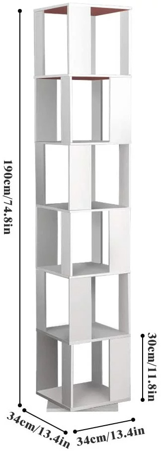 White Bookshelves 6 Tier Bookcase 360 Rotating Bookshelves Open Storage Free Standing Revolving Bookcase Swivel Bookshelf