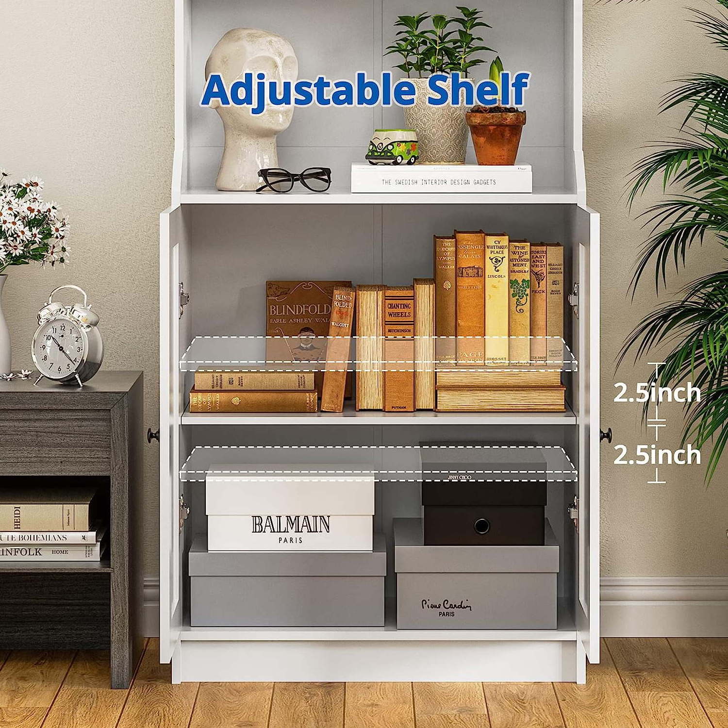 White Bookshelf with Doors, Tall Bookcase with 3-Tier Open Shelves for Bedroom living room