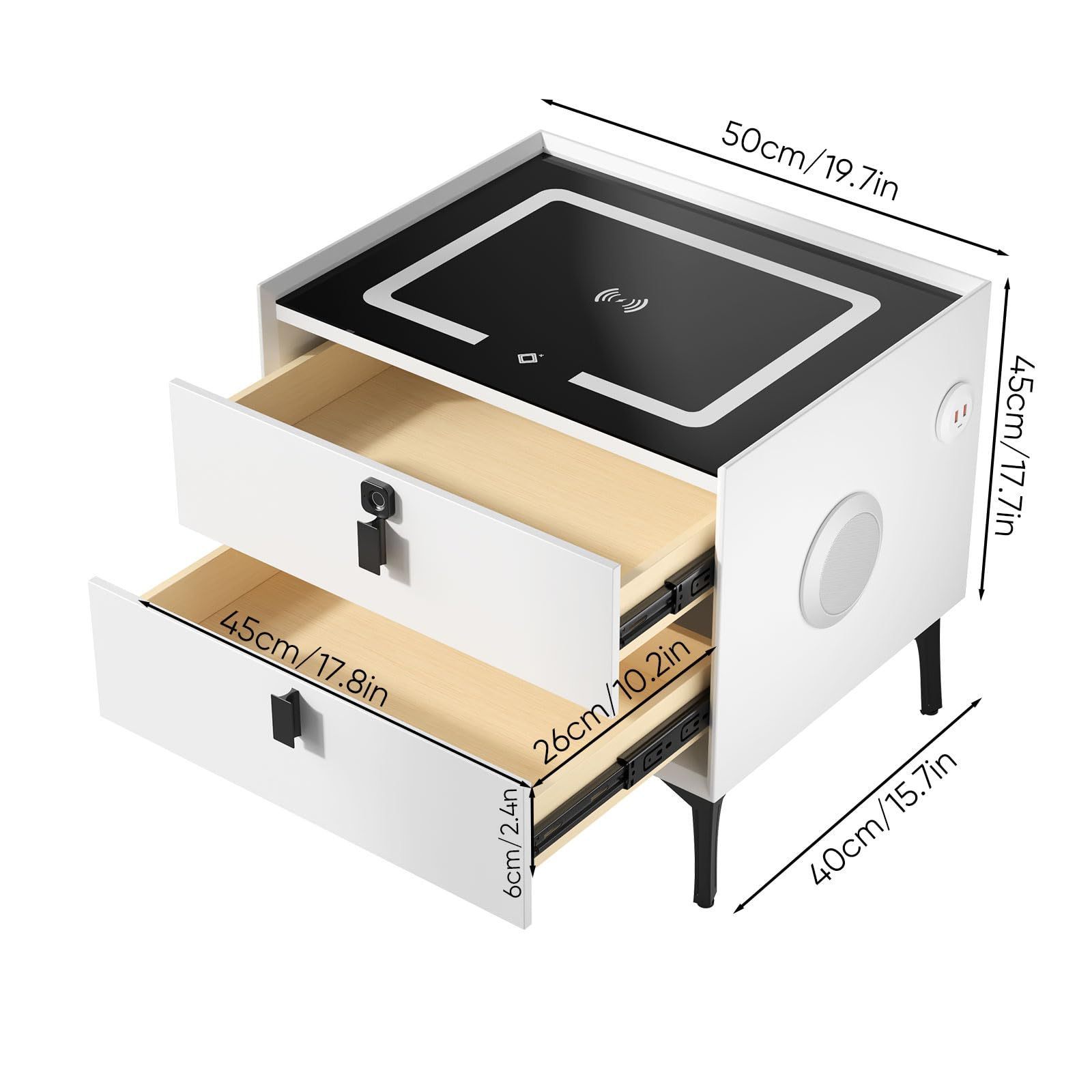 Smart nightstand, USB/ wireless charging station with adjustable LED lights, 2 drawers, fingerprint lock