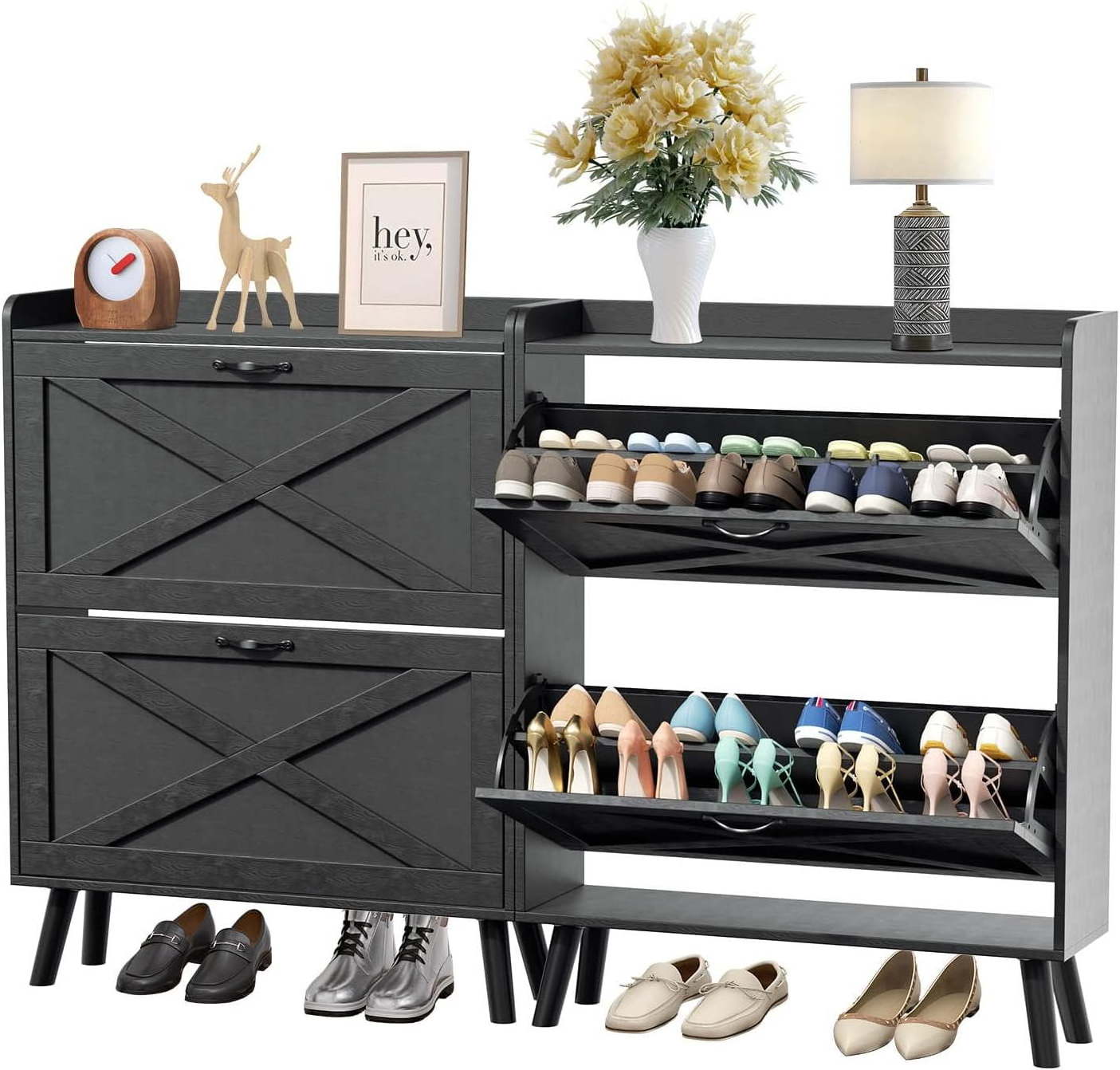 Shoe Storage Cabinet with 2 Flip Drawers Freestanding Shoe Rack Organizer for Entryway, Black