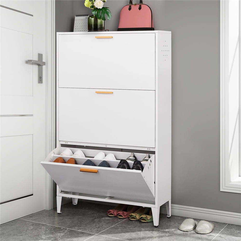 Metal Shoe Cabinet for Entryway, White Modern Slim Shoe Storage Cabinet with 3 Flip Drawers