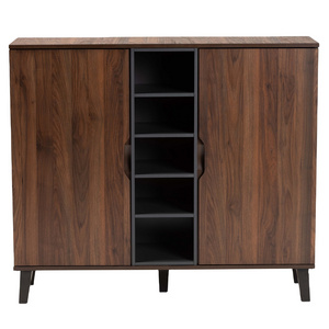 Mid-Century Modern Two-Tone Walnut Brown and Grey Finished Wood 2-Door Shoe Cabinet