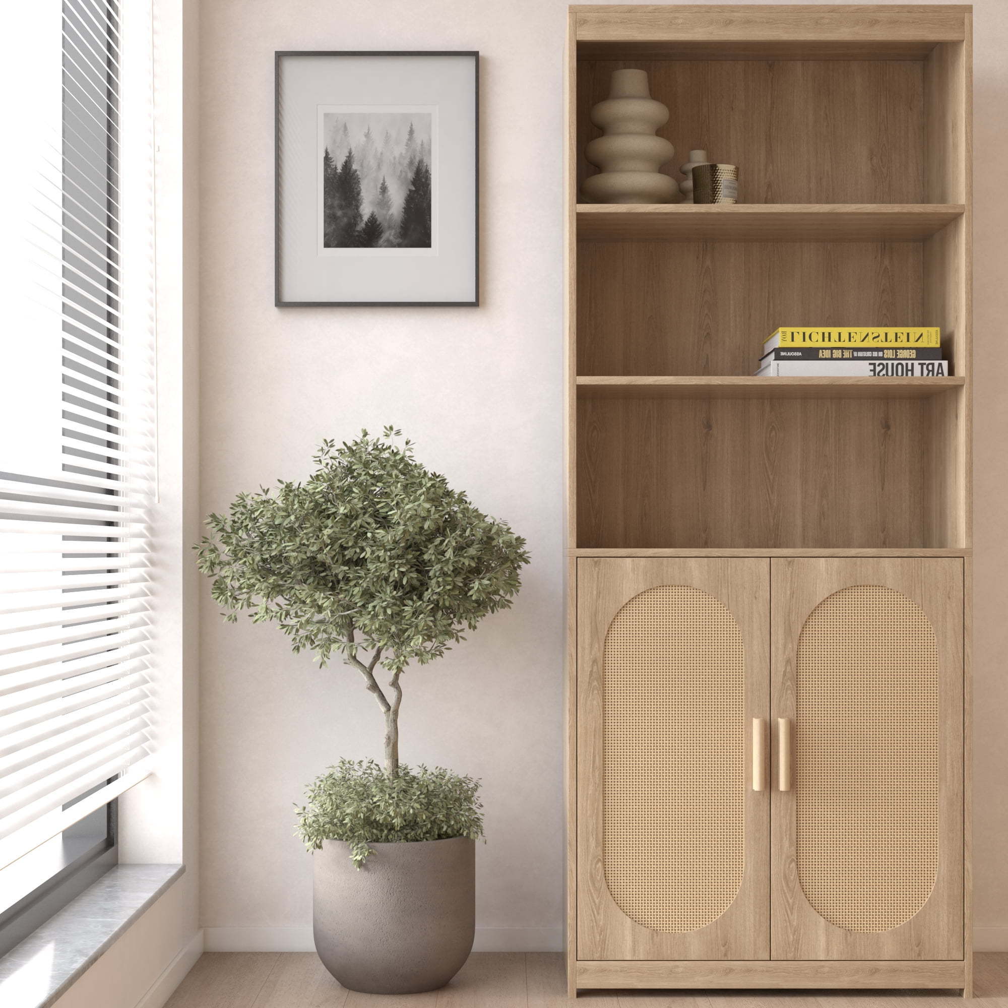 Bookshelf with Rattan Doors and Adjustable Shelf  Farmhouse Storage Cabinet for Bedroom living room