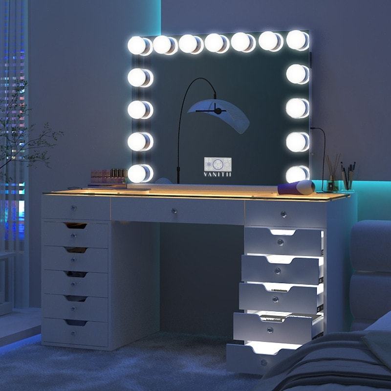 Modern Bedroom Furniture LED Light Makeup Vanity Desk Dresser 13 Drawer Transparent Desktop Vanity Table with Charging Station