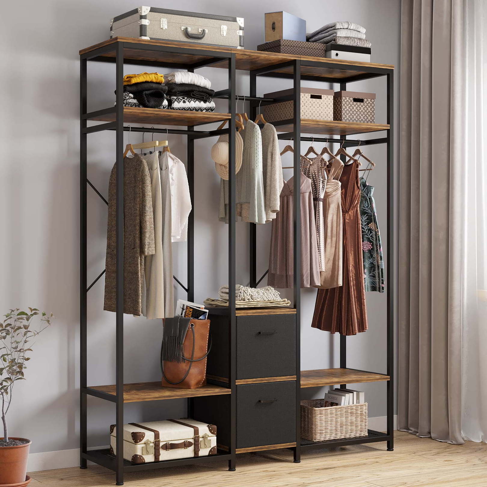 Clothing Rack Heavy Duty Garment Rack Freestanding Closet Storage Organizer Metal Wardrobe with Drawers Hanger Shelves wooden