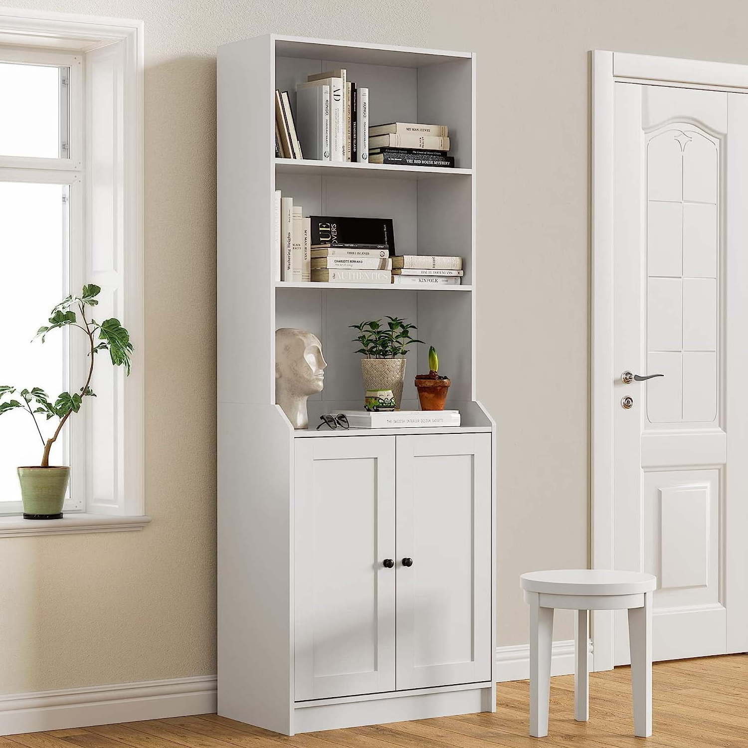 White Bookshelf with Doors, Tall Bookcase with 3-Tier Open Shelves for Bedroom living room