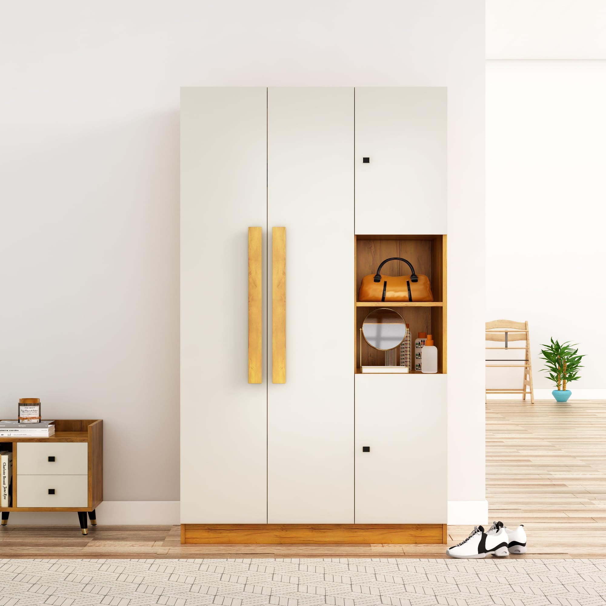 Versatile Space-Saving Bedroom Furniture Set Wooden Armoire 4 Door Wardrobe with Hanging Space 2 Open Shelves