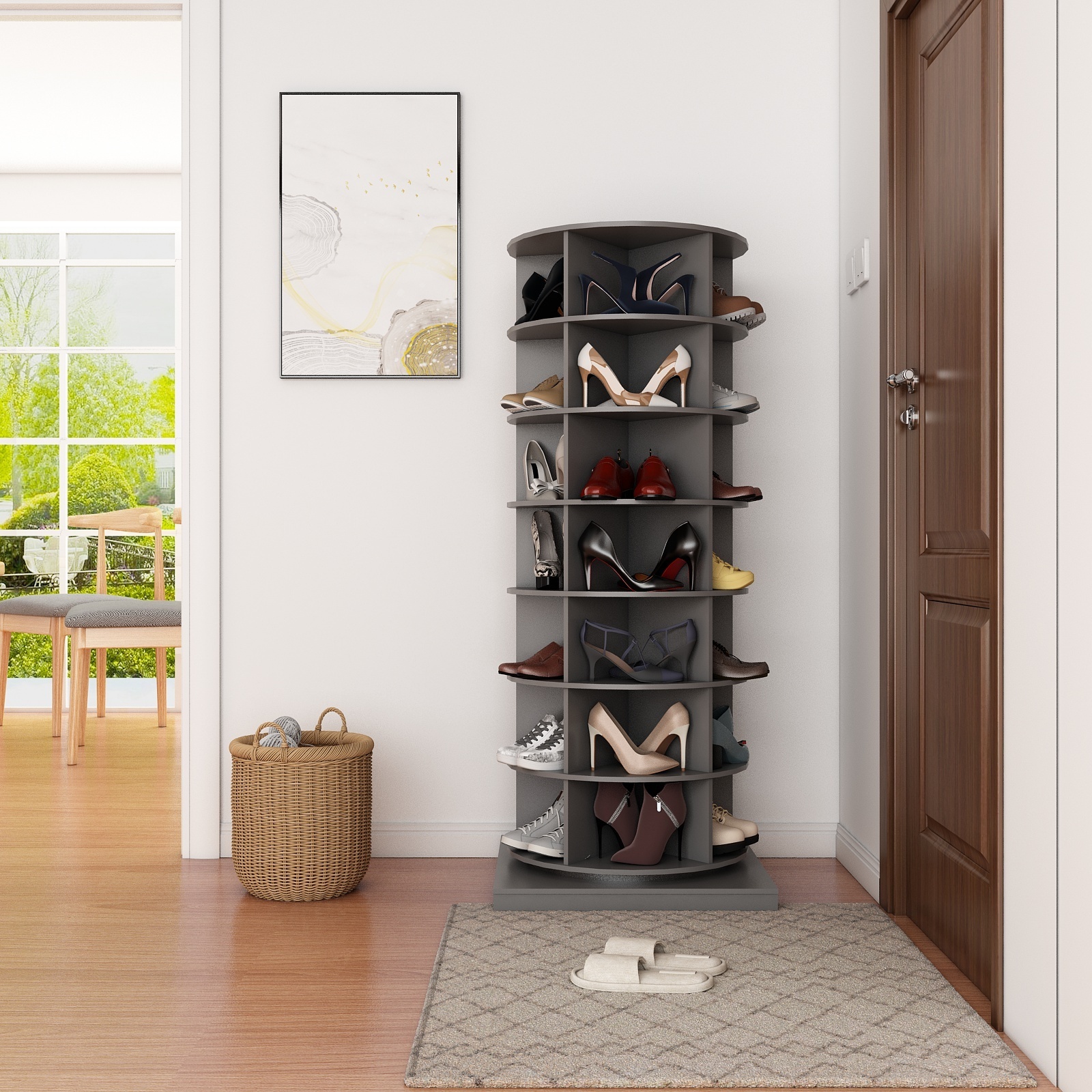 Multifunctional Gray Wooden 360 Rotating Shoe Cabinet Strong and High Quality Rotating Shoe Rack Tower Home Furniture Carton