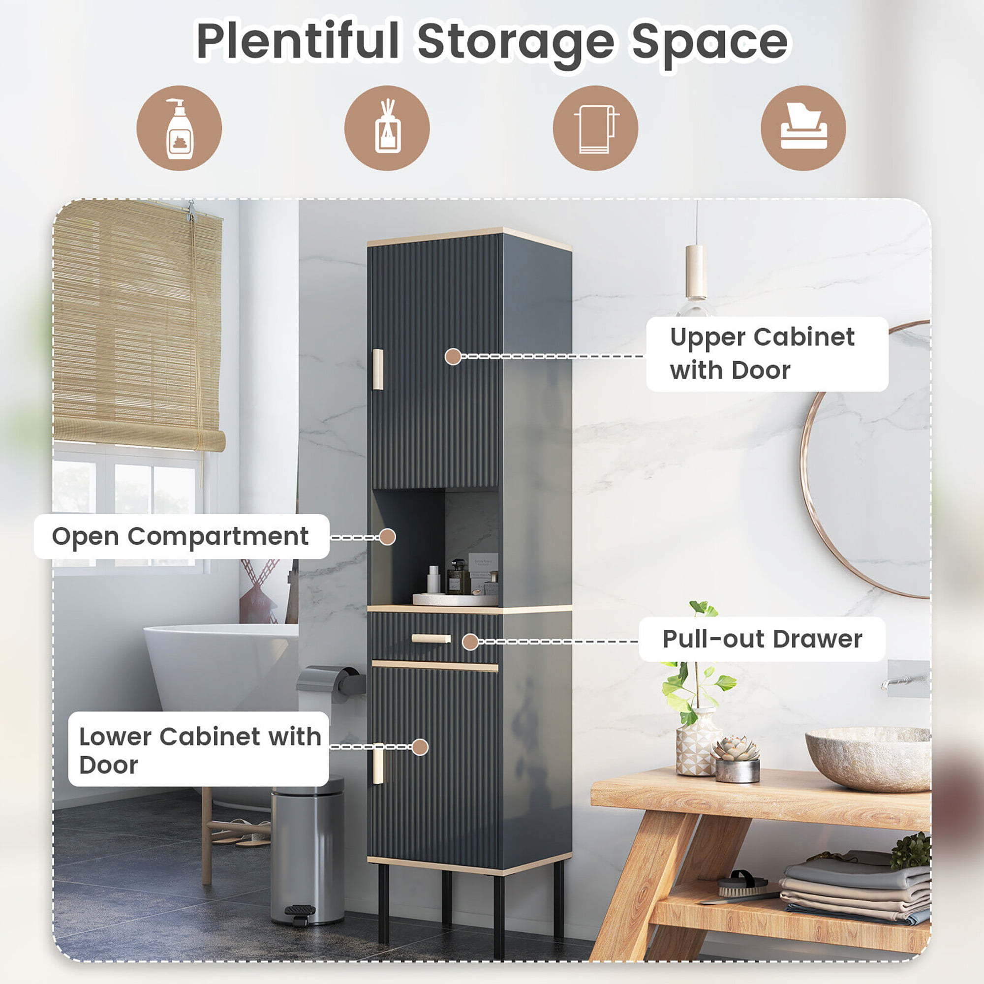 Wholesale Of New Products  Cabinets Storage,Tall Bathroom Storage Cabinet Freestanding Narrow Linen Tower w/ Doors & Drawer