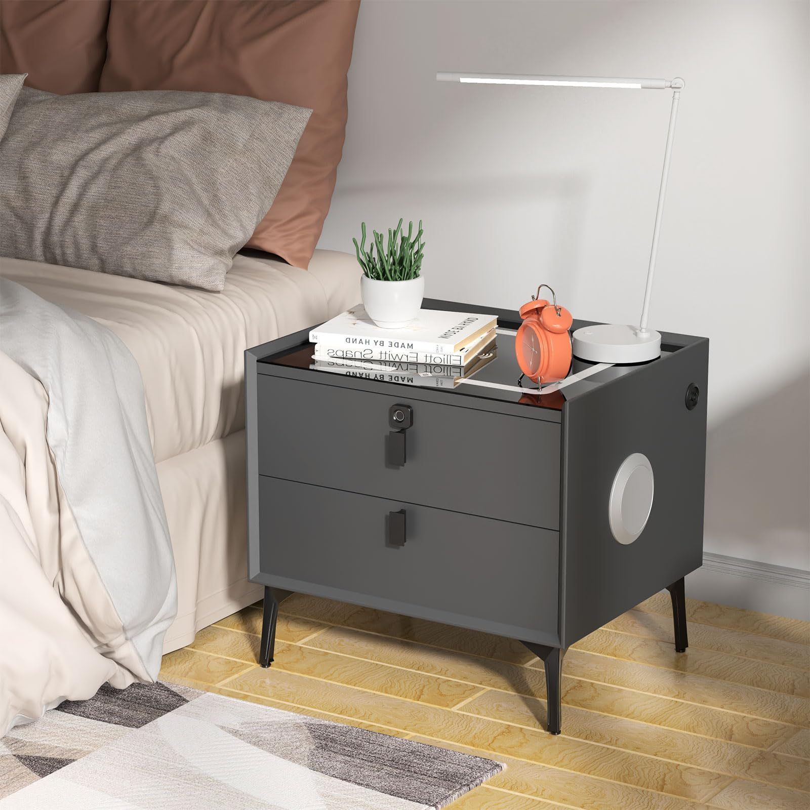 Smart nightstand, USB/ wireless charging station with adjustable LED lights, 2 drawers, fingerprint lock