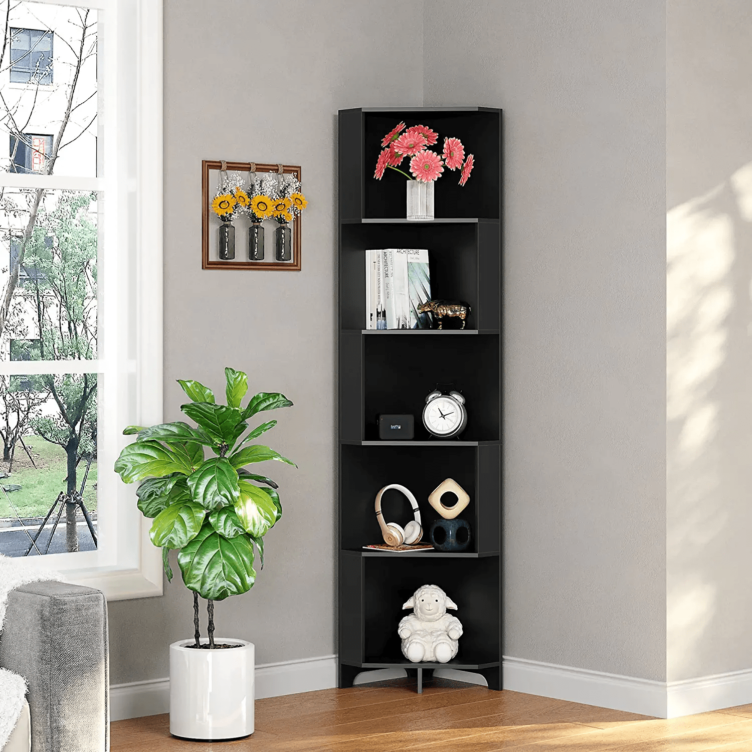 5 Tier Corner Bookshelf, Small Corner Bookcase Cabinet Slim Corner Shelves Tall Narrow Storage Display Rack for Living Room